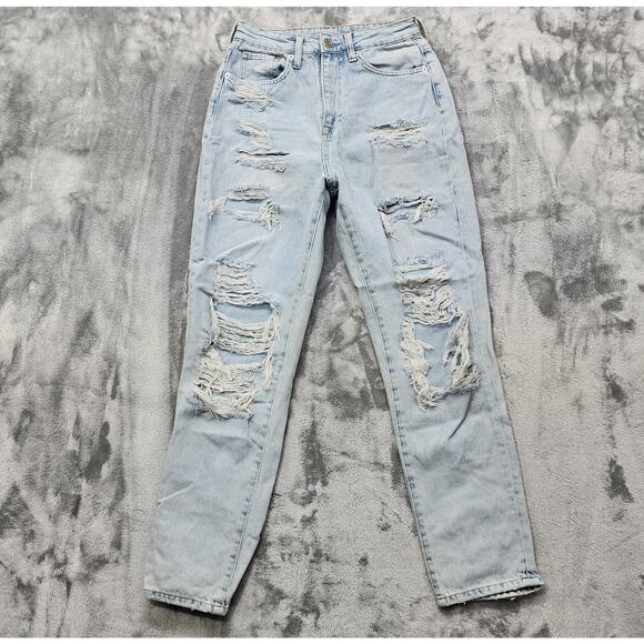 H&M Jeans Womens 6 Blue Light Wash Distressed Ripped Ultra High Waist Mom Jean - Picture 1 of 16